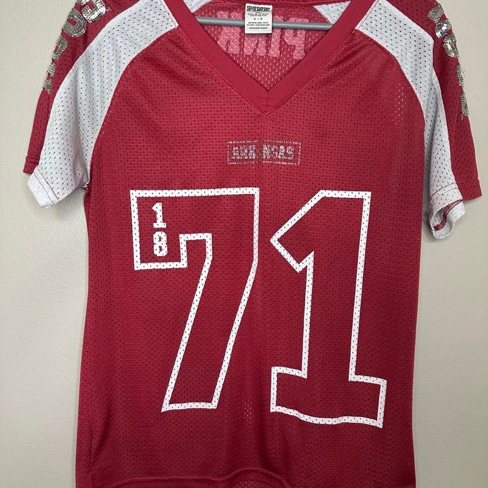 Victoria's Secret PINK Arkansas Razorbacks Hogs Jersey Red White Sequin 71 S